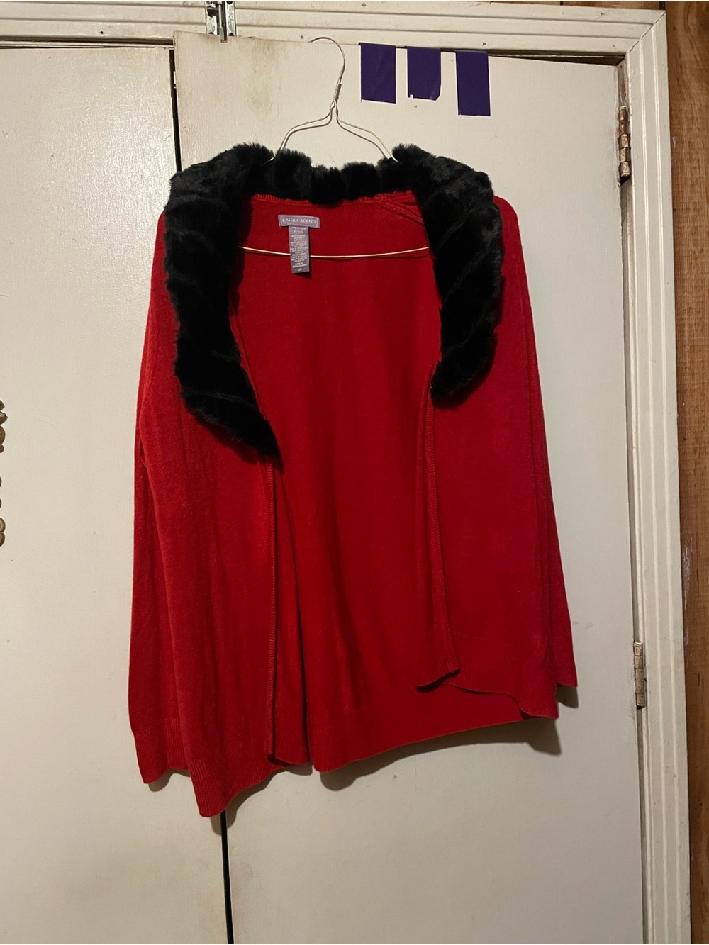 vintage y2k laura scott red cardigan sweater black faux fur.